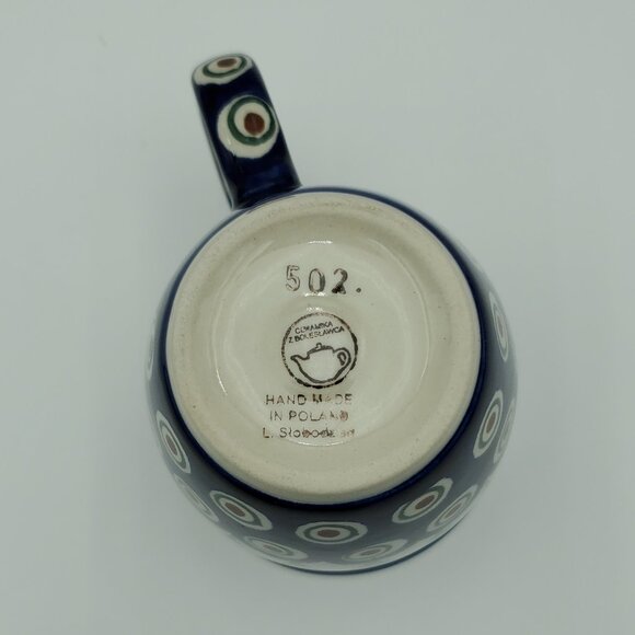 Polish Pottery Peacock Leaves Mug Peacock Blue Circles Green Stripes Mug - Picture 6 of 7